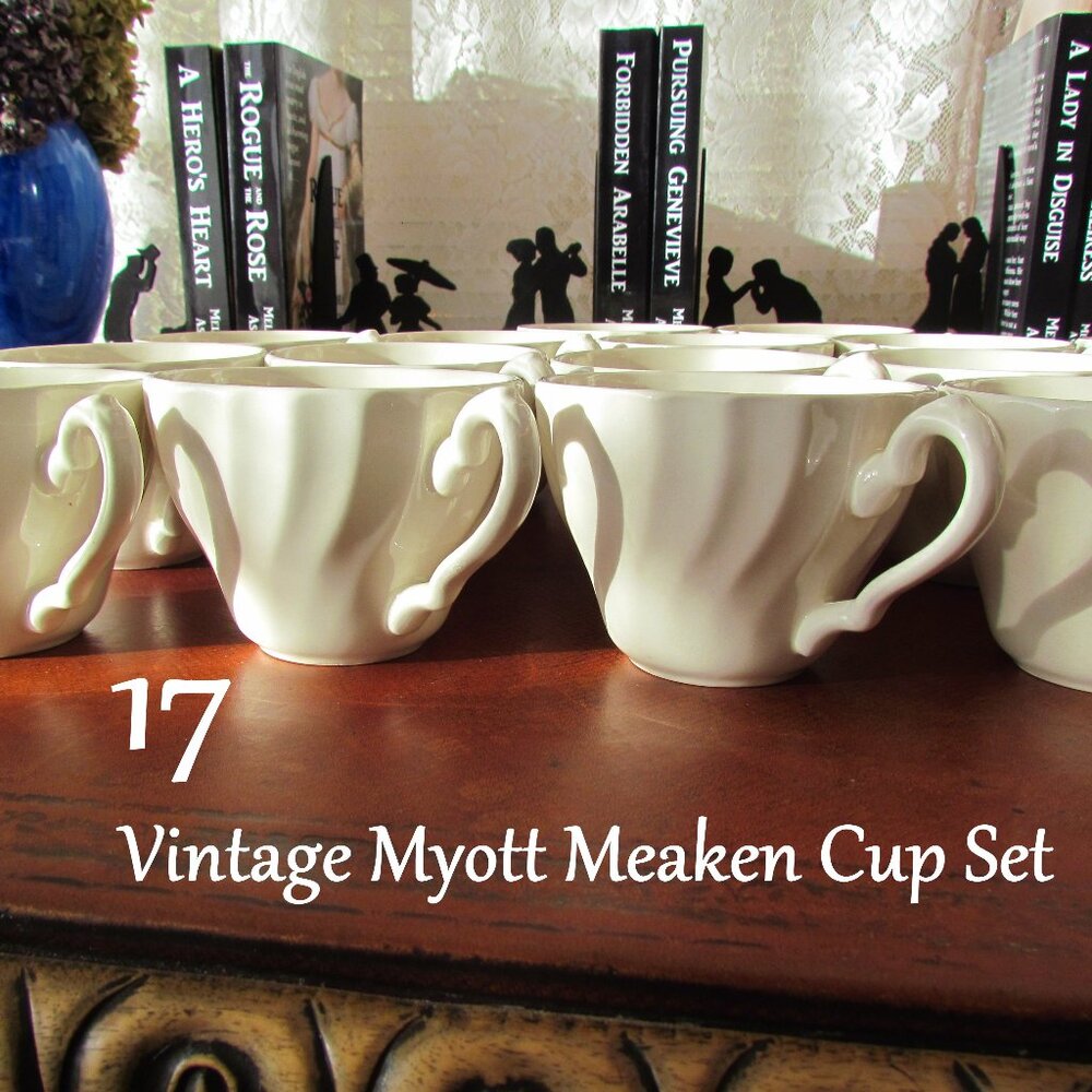 MYOTT  MEAKEN CUPS, 17  IVORY SWIRL PATTERN COFFEE & TEA CUPS, EXCELLENT VINTAGE